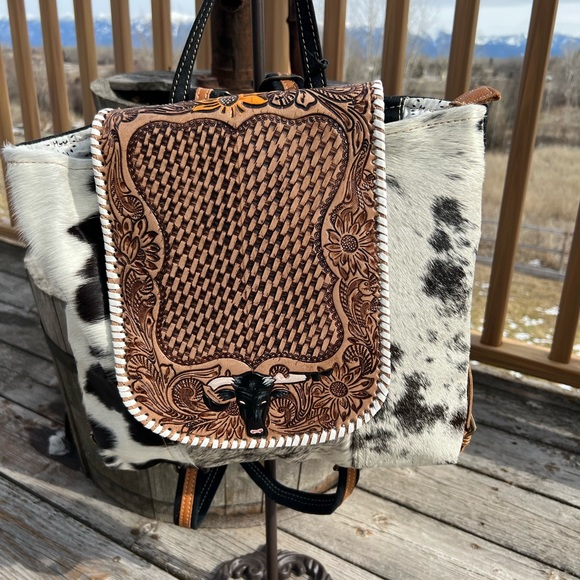Myra Bag Handbags - Firm🔥💜 Myra Bag Hand-Tooled leather cowhide Backpack Canvas bull boho western